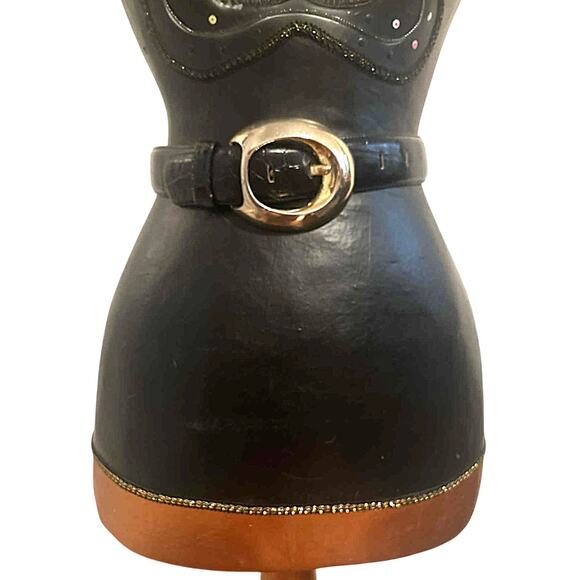 Vintage Black Alligator Grain Steerhide Leather Belt USA Gold Metal Buckle Sz S main image 6